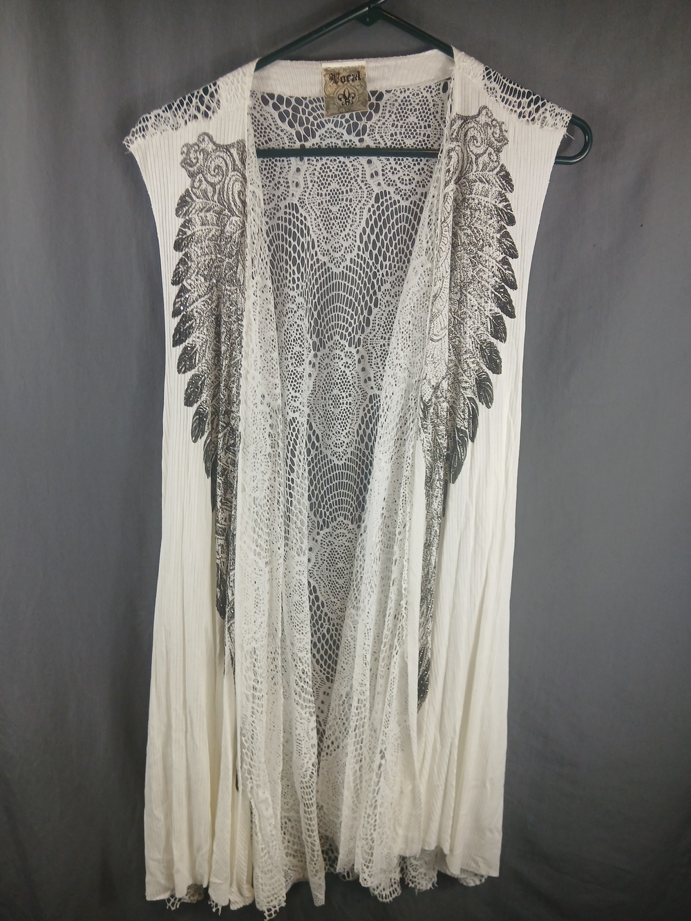 Vocal Cream Lace Open-Front Vest with Black Wing Print